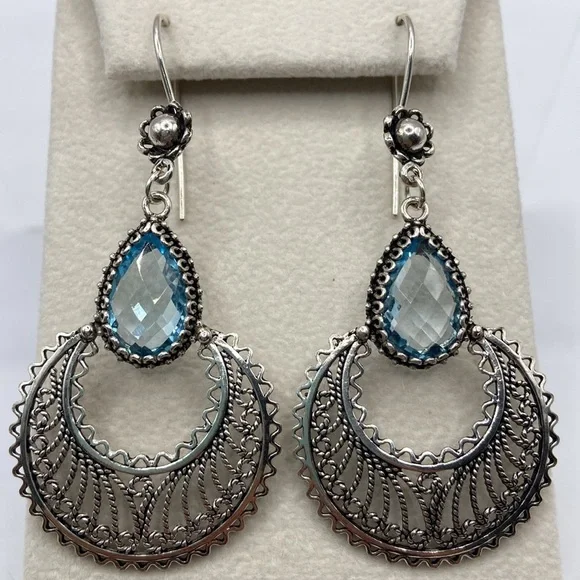 Hand Crafted Sterling Silver Blue Topaz Gemstone Earrings Pierced - Picture 1 of 12